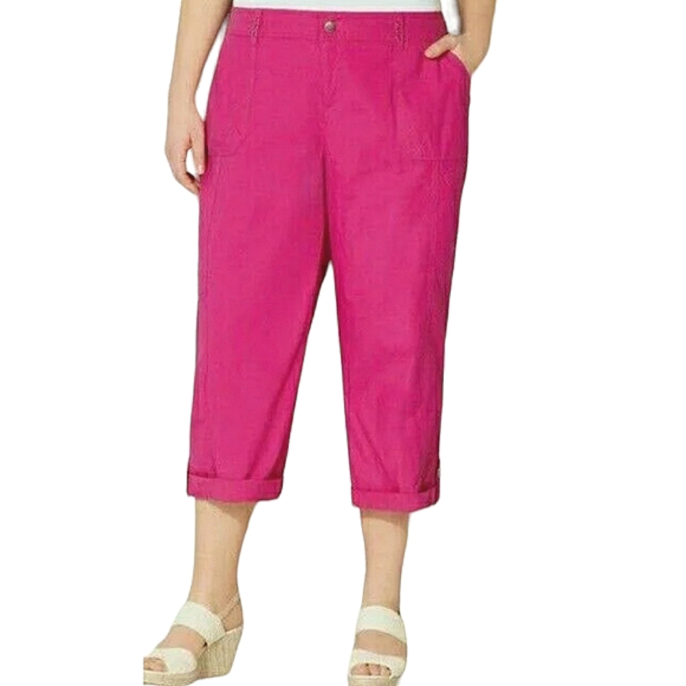 Avenue Cargo Style High Waisted Stretchy Poplin Pink Roll Cuff Cropped Pants 16